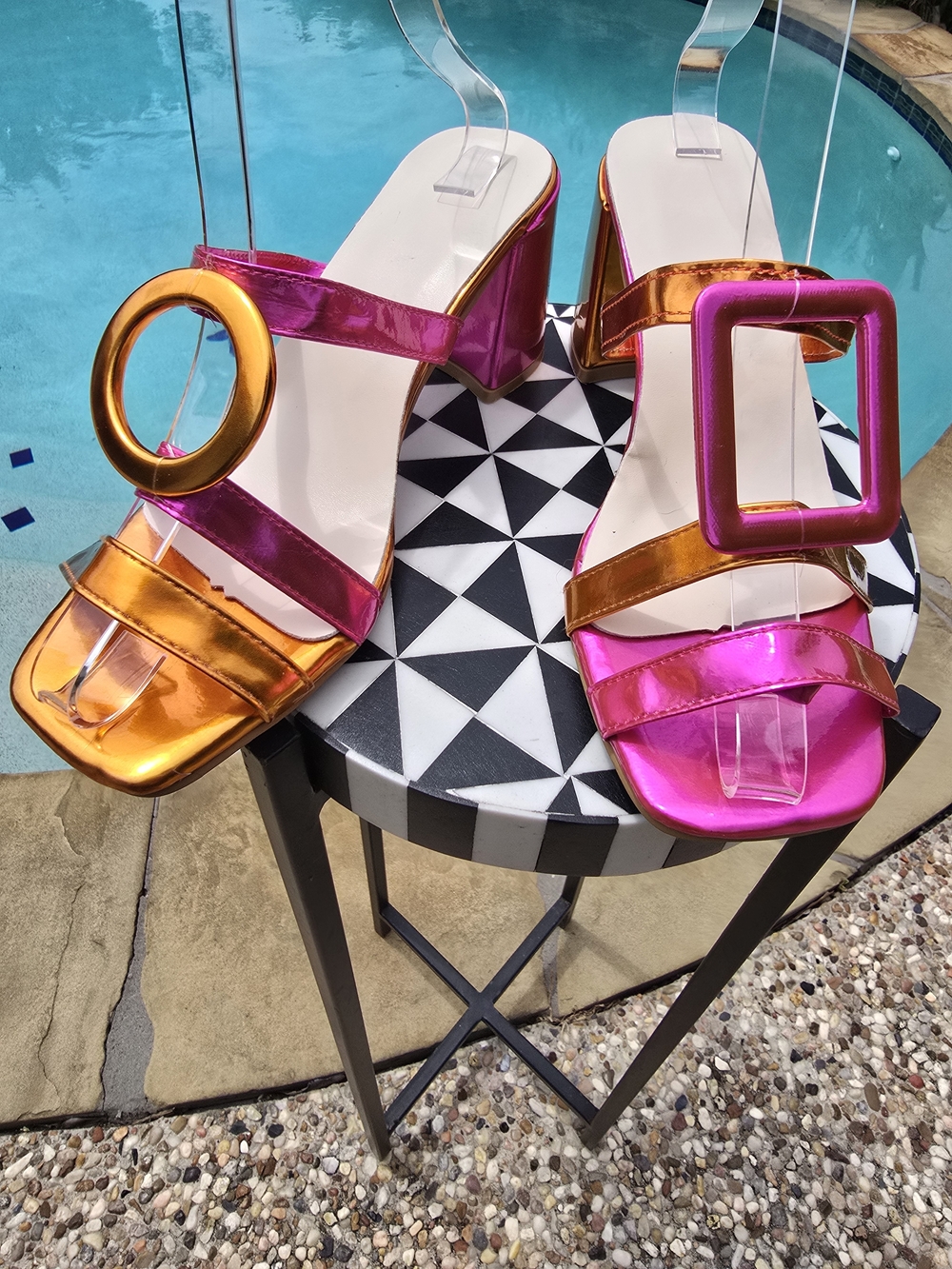 Metallic Pink & Orange Buckle Slide Sandals - Picture 4 of 6